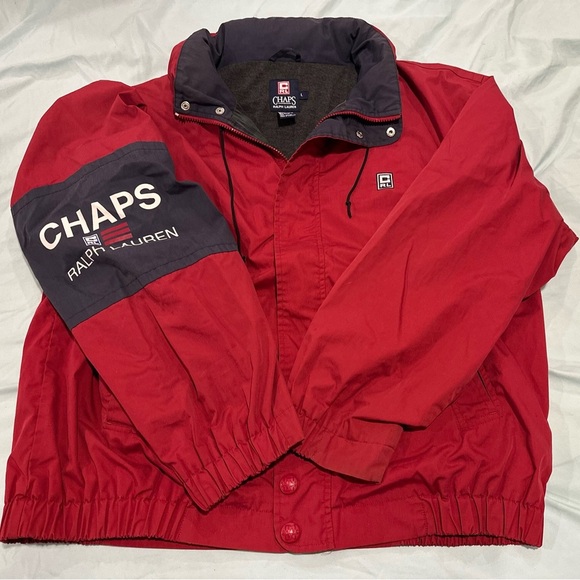 VTG 90s Chaps Ralph Lauren Jacket Mens Sz:L Red Blue Hooded Windbreaker Full Zip - Picture 1 of 13